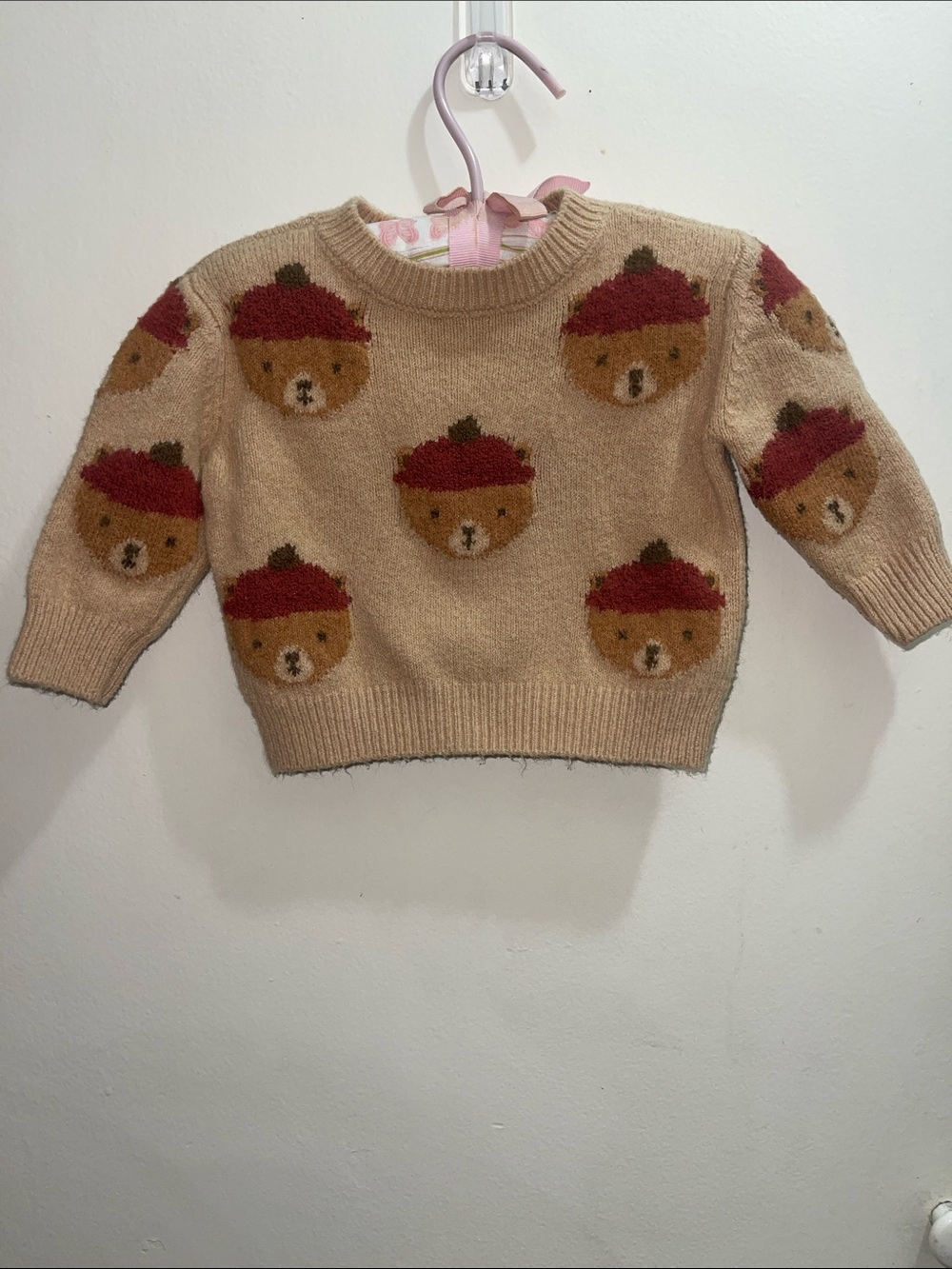cloud island Beige Teddy Bear Knit Sweater Sz 3/6M Red Accents